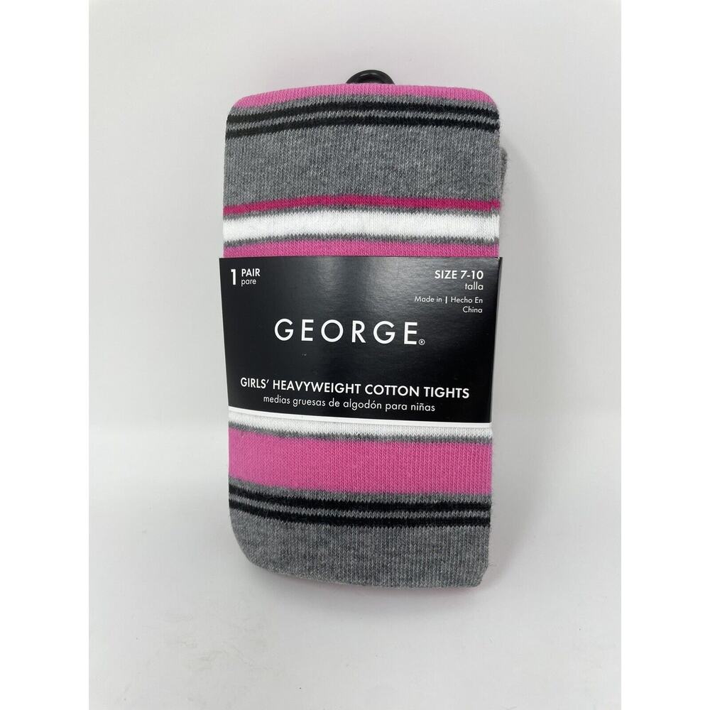 George Pink Grey White Striped Heavyweight Cotton Tights‎ Girl's Size 7-10 NWT